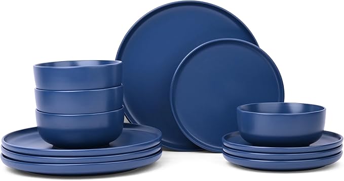 12-Piece Stoneware Dinnerware Set Blue Service for 4 Microwave &amp Dishwasher Safe Ceramic Plates and Bowls Set Durable Everyday Dishes for Home Kitchen