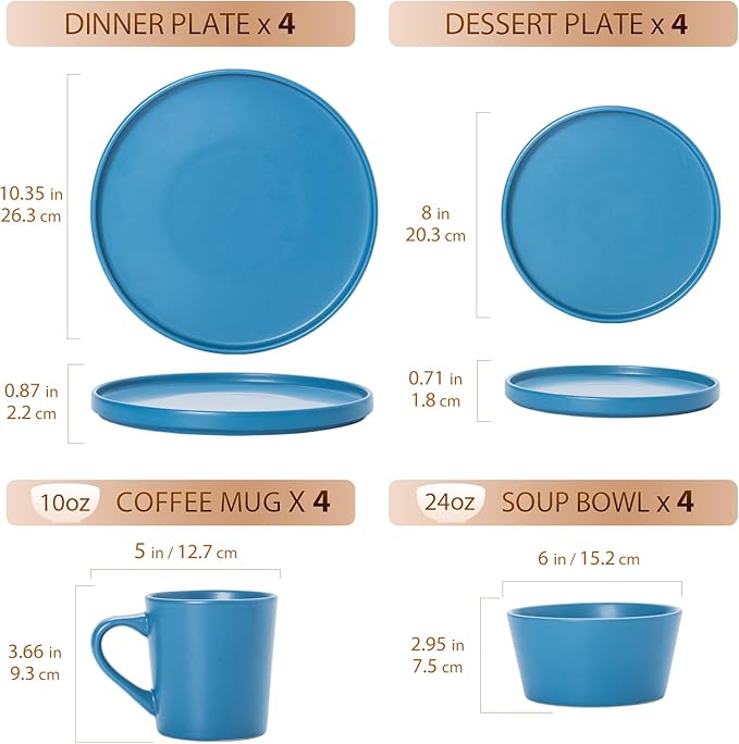 Plates and Bowls Sets for 4 - CJDC-QUELO 16 Piece Stoneware Dinnerware Sets with Mugs Ceramic Dishware Sets for Kitchen Dining Use Chip and Scratch Resistant Microwave Dishwasher Safe Blue