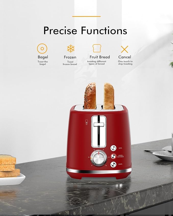 LONGDEEM LD-T7014D - 2 Slice Toaster - Extra Wide Slots 6 Browning Settings Removable Crumb Tray Red