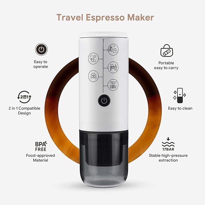 Portable Coffee Maker Electric Coffee Machine with 17Bar Pressure and 2600mAh Battery with Powder and Capsules Compartment for Travel Camping Office (White)