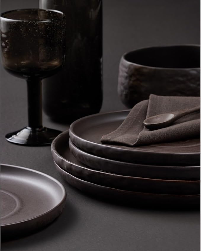 Stone by Mercer Project SHOSAI 16-Piece Stoneware Dinnerware Set Plates and Bowls Set Modern Dishware set fo 4 Black