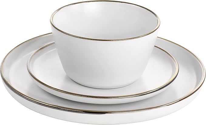 Unknown1 16 Piece Stoneware Dinnerware Set in Matte White with Gold Rim Solid Modern Contemporary Round Dishwasher Safe