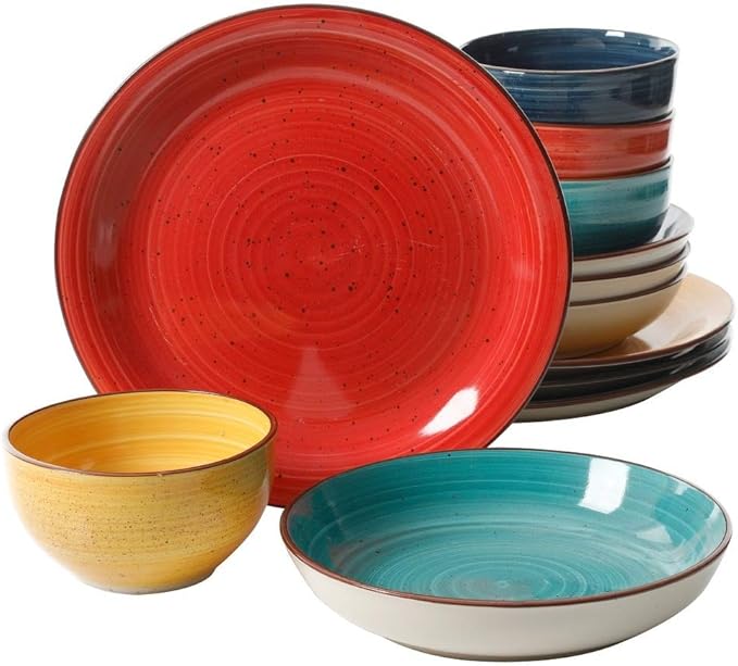 12 Piece Mix and Match Double Bowl Stoneware Dinnerware Set Modern Swirl Design Dishwasher Microwave Safe Multi Colored Yellow Red Blue Dinnerware Set Dinner Plates Salad &amp Cereal Bowls Set