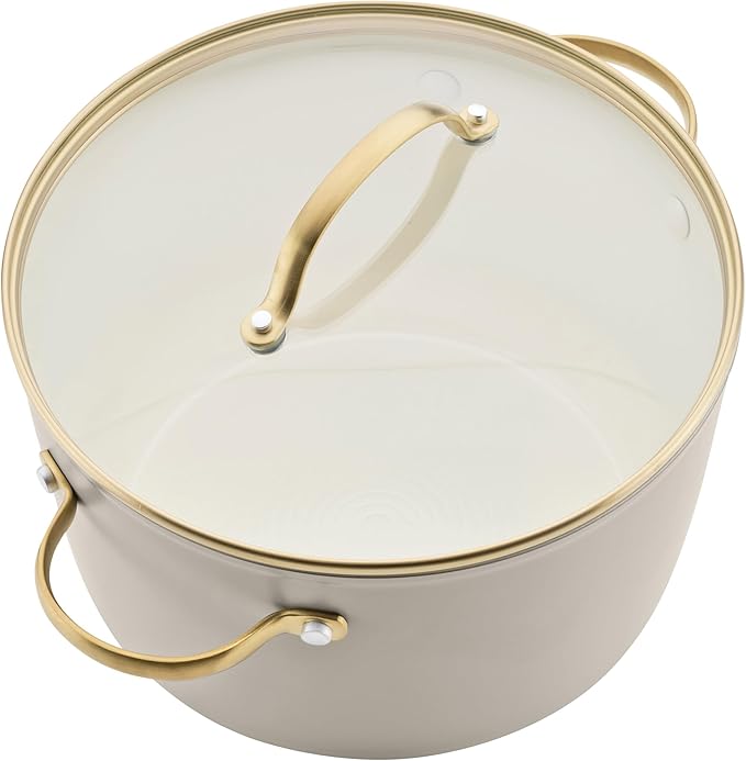 Farberware Forged Induction Ceramic Nonstick Pots and Pans Set with Cooking Tools Dishwasher Safe Gold Color Stainless Steel Handles 12 Piece Cookware Set - Taupe