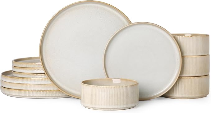 Stoneware Dinnerware Sets for 4 Stoneware Plates and Bowls Set 12-Piece Ribbed Dishes – Chip &amp Scratch Resistant Microwave and Dishwasher Safe Tableware Warm White