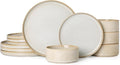 Stoneware Dinnerware Sets for 4 Stoneware Plates and Bowls Set 12-Piece Ribbed Dishes – Chip &amp Scratch Resistant Microwave and Dishwasher Safe Tableware Warm White