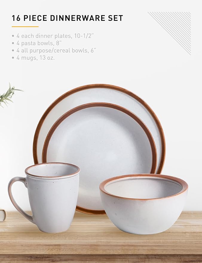 Table 12 Maldan Stoneware 16-Piece Dinnerware Set Service for 4 Coupe Shaped Dinnerware Reactive Glaze Off-White with Coffee Brown Rim Plates and Bowls Sets Dishwasher and Microwave Safe TD16YN