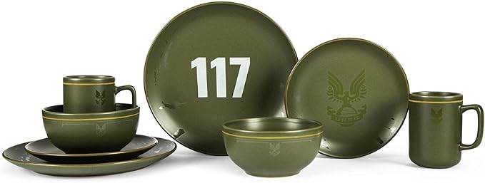 HALO Master Chief 117 Stoneware 8-Piece Dinnerware Set | Video Game-Themed Home Kitchen Essentials | Includes Dinner And Salad Plates Soup Bowls Mugs | Place Setting For 2 Green