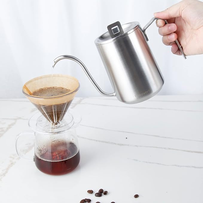 Easyworkz Gooseneck Pour Over Coffee Kettle 20 oz Stainless Steel Hand Drip Coffee Pot With Long Narrow Spout Brushed Silver