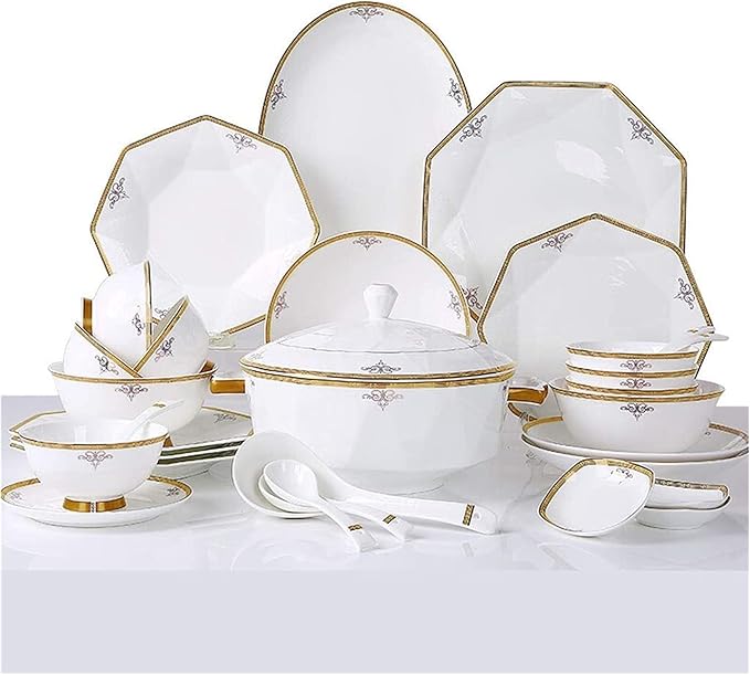 Dinnerware Sets - Luxury Gift Dishes Service Set Ceramics Dinnerware Set with 56 Pieces Bowl/Dish/Soup Pot/Spoon|Bone China Dinner Sets Octagonal Fold Design Porce