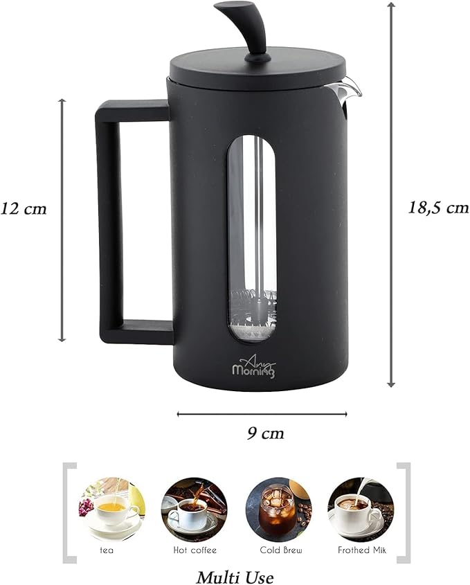Any Morning Coffe Maker Stainless Steel Borosilicate Glass French Press Tea Press for Loose Tea BPA Free Heat Resistant Durable Easy to Clean 20 oz Black