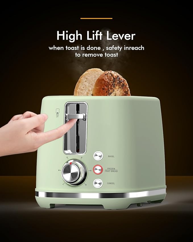 2 Slice Toaster Wide Slot - High Lift Auto Off Frozen Mode Easy Clean Green