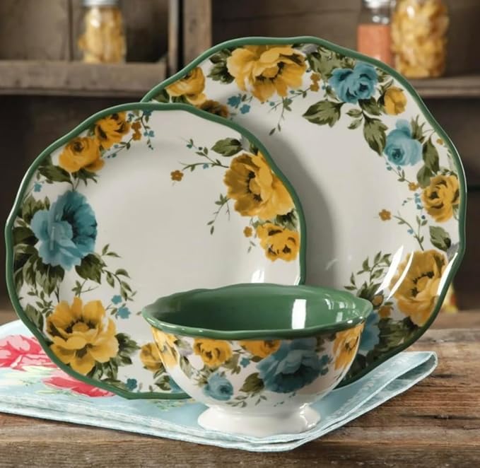 Rose Shadow 12-Piece Floral Ceramic Dinnerware Set – Service for 4 – Scalloped Edge Plates &amp Bowls – Microwave &amp Dishwasher Safe. Blue &amp Yellow Floral Country Design