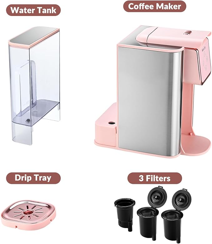 Mecity Pink Coffee Maker 3-in-1 Single Serve Coffee Machine For Flat Bottom Coffee Capsule Ground Coffee 6 to 10 Ounce Cup Removable 50 Oz Water Reservoir 120V 1150W