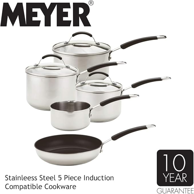 Meyer Induction Milkpan Saucepans and Frypan Set of 5-10 Year Guarantee 50.5 x 33 x 24.5 cm Silver