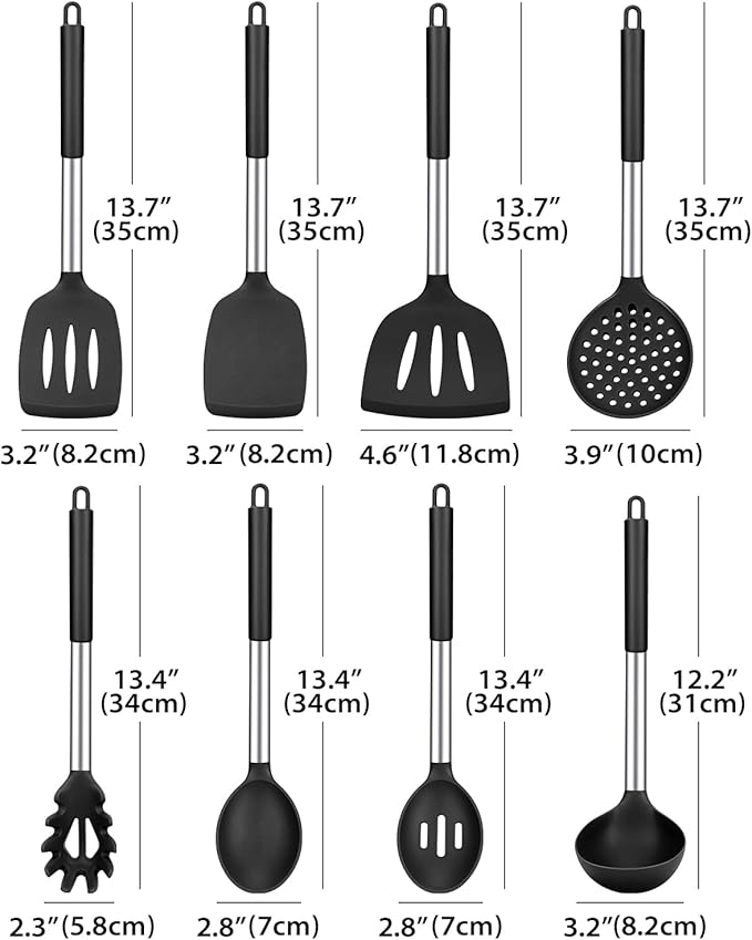 Silicone Cooking Utensil Set 8Pcs Non-stick Cookware with Stainless Steel Handle BPA Free Heat Resistant Kitchen Tools with Spatulas Turners Spoons Skimmer and Pasta Fork