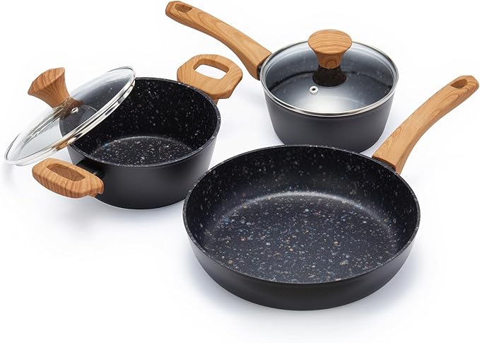 3-Piece Nonstick Cookware Set 10.25 Inch Frying Pan &amp 2 Pots with Lids | PFAS &amp PFOA Free Non-Toxic Coating | Induction Compatible Dishwasher Safe | Pots and Pans Set for Beginner Kitchen