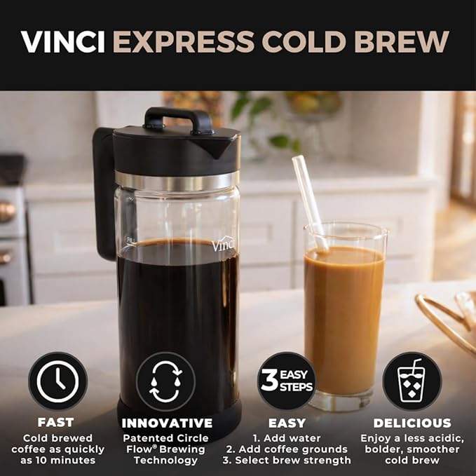 VINCI Express Cold Brew Electric Cold Brew Coffee Maker in 10 minutes 3 Brew Strength Settings &amp Cleaning Cycle Easy to Use &amp Clean Glass Carafe (2.0 Liters / 68 Fl.oz) Capacity
