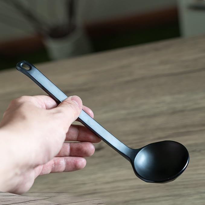 Ebros Gift Contemporary Ridged Matte Black Melamine Series Dinnerware Serveware Kitchenware Set Japanese Chinese Restaurant Supply (Pack Of 6 Stirring Mixing Serving Ladle Spoon 8.5L)