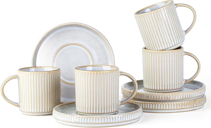 Famiware Star Dinnerware Set and Coffee Mugs Set Service for 4 (16 Pieces) - Stoneware Dinnerware Dishes Cappuccino White