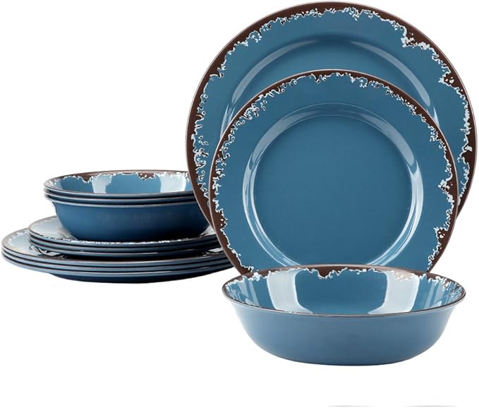 Melamine Dinnerware Set - Yinshine 12-Piece Dishes SetShatterproof Plates and Bowls Sets LightweightUnbreakableDishwasher SafeBlue