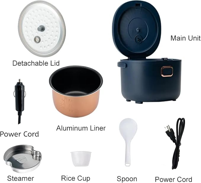 12V/24V/110V Rice Cooker Mini 2L Portable Multicooker 24h Keep Warm Small with Steam Tray Picnic Camping Travel For Car/Truck/Home (Blue)