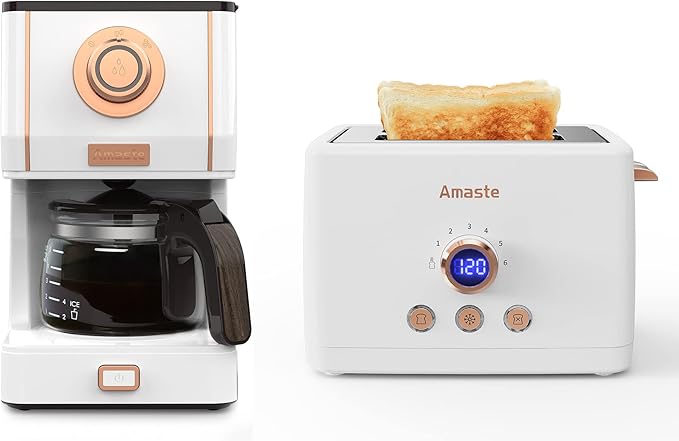 Amaste Retro Coffee Maker &amp Toaster Set- Elegant White with Rose Gold