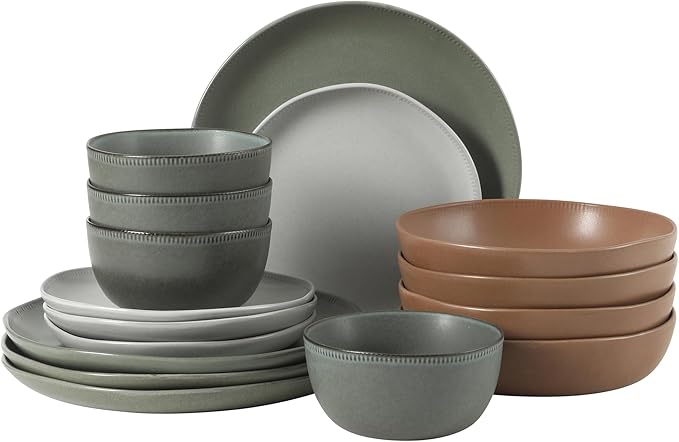 Gibson Elite Menlo Park 16-Piece Pottery Clay Stoneware Dinnerware Set – Assorted Color Reactive Glaze Organic Shape Embossed Plates and Bowls W/Pasta Bowl Service for 4 Microwave Dishwasher Safe