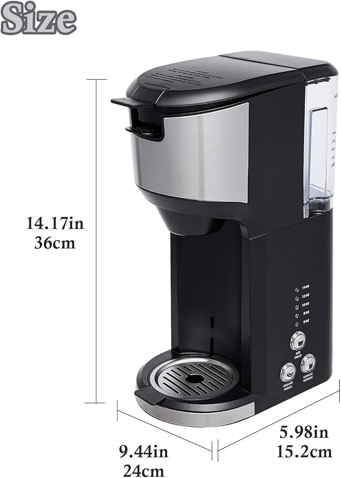 Single Serve Coffee Maker K Cup and Ground Coffee Brewer 14 oz Personal Coffee Maker with 24 oz Water Reservoir Auto-Shutoff Compact Small Coffee Machine for Home &amp Office