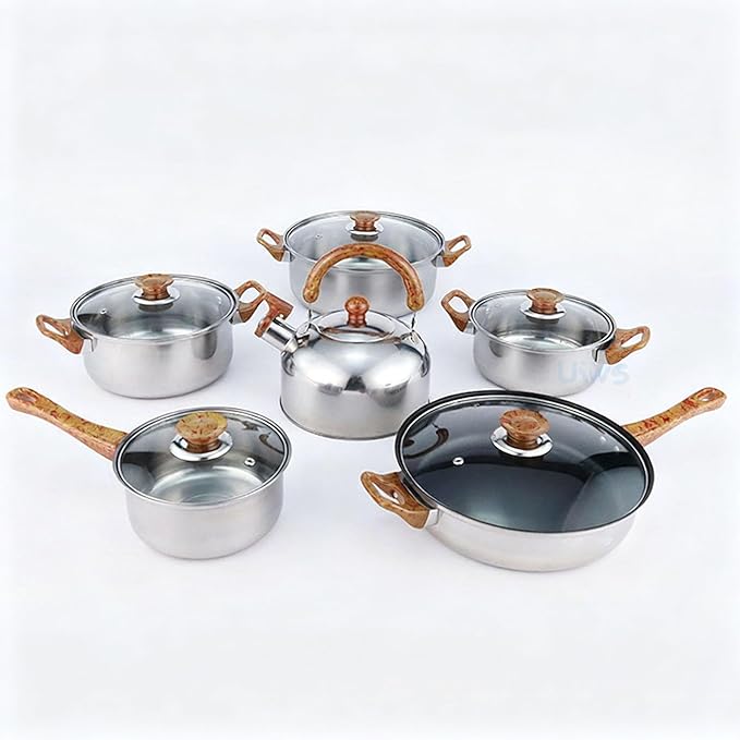 Yosoo 3 Stainless Steel Pots Set Imitation Wood Handles Cookware Kitchen Supplies for Induction Cooktops and Gas Stoves