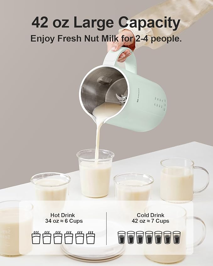MOKKOM Nut Milk Maker 42oz Automatic Almond Milk Machine for Homemade Plant-Based Milk Oats Soy Dairy Free Beverages Soy Milk Maker with Delay Start/Keep Warm/Self-Cleaning/Boiling Green