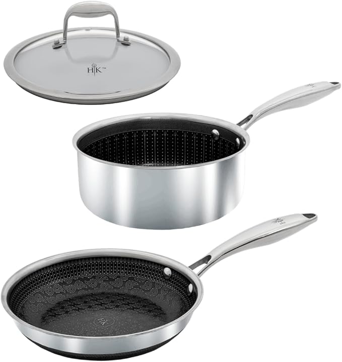 Hell's Kitchen Hybrid 3 Piece Set 8-inch Frying Pan 2.5 Qt Saucepan and Tempered Glass Lids Tri-Clad Stainless Steel and PFAS-Free Ceramic Nonstick Metal Utensil Safe All Cooktops Oven Safe