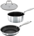 Hell's Kitchen Hybrid 3 Piece Set 8-inch Frying Pan 2.5 Qt Saucepan and Tempered Glass Lids Tri-Clad Stainless Steel and PFAS-Free Ceramic Nonstick Metal Utensil Safe All Cooktops Oven Safe