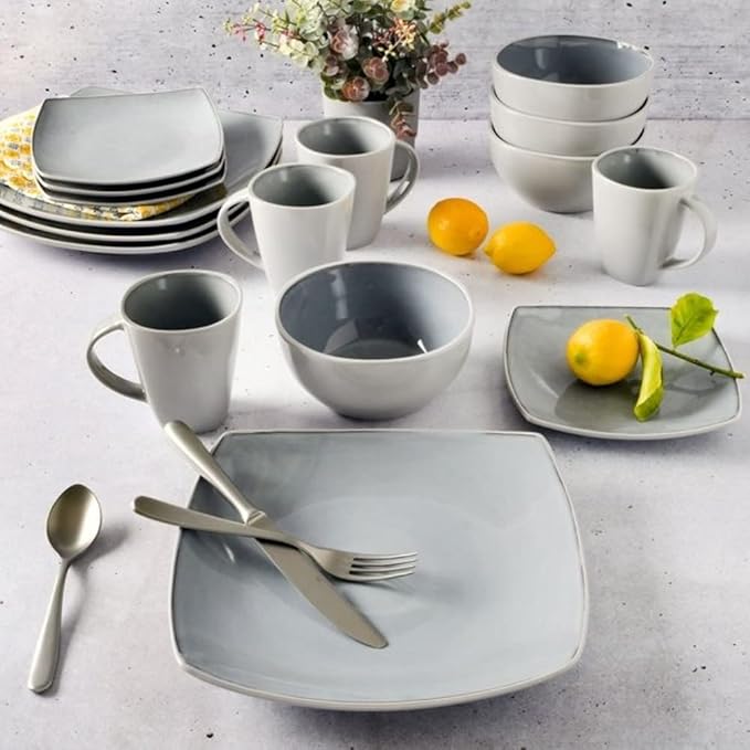 16 Piece Square Two-Tone Stoneware Dinnerware Set For 4 | Reactive Glaze FinishDishwasher &amp Microwave Safe Expertly Crafted | Perfect for Kitchen Dining Durable Light Grey Shade Modern Appearanc