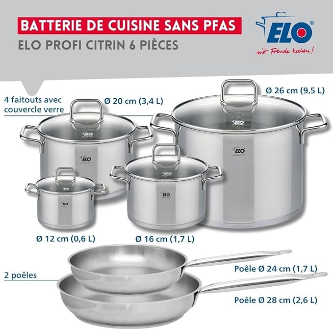 ELO 9504350 6-Piece Cookware Set 2 Frying Pans 24 and 28 cm and 4 Saucepans 12 16 20 and 26 cm Elo Profi Citrine Stainless Steel Induction
