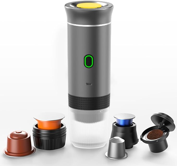 Electric Coffee Maker Machines15 Bar Pressure Portable Espresso MachineCold or Hot 120ML Mini Coffee MakerSmall Handheld Coffee Machine for HomeOfficeTravel (Grey)