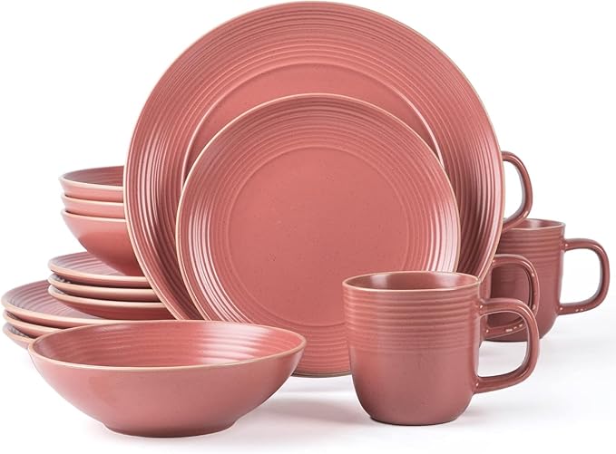 FAIT Round Stoneware 16pc Double Bowl Dinnerware Set for 4 Dinner Plates Side Plates Cereal Bowls Pasta Bowls - Reactive Glaze Blue (449322)