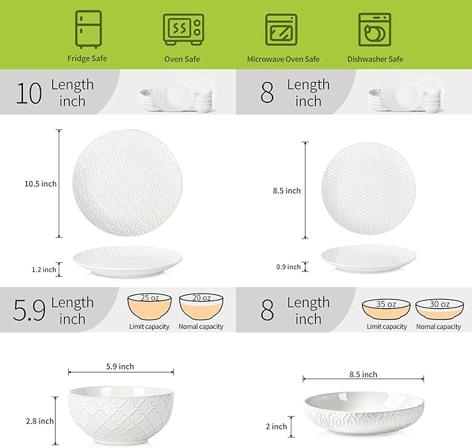 Sureasy Ceramic Plates and Bowls Sets 24 Pieces Dinnerware Sets for 6 Embossed Scratch Resistant Dinner Set Dishwasher and Microwave Safe White