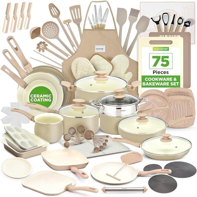 75-Piece Non-Stick Ceramic Cookware Set - Complete Pots and Pans with Bakeware Utensils Knife Set &amp Accessories - Stain-Resistant Food-Grade Safe Elegant Cream/Brown Design