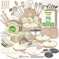 75-Piece Non-Stick Ceramic Cookware Set - Complete Pots and Pans with Bakeware Utensils Knife Set &amp Accessories - Stain-Resistant Food-Grade Safe Elegant Cream/Brown Design