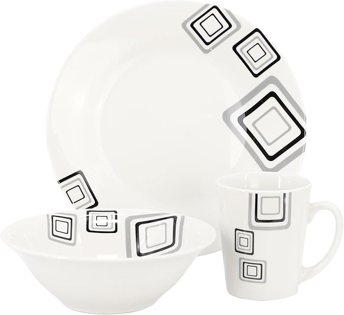 12-Piece Ceramic Dinnerware Set for 4 – White Round Plates Bowls &amp Mugs with Green Loops – Microwave &amp Dishwasher Safe Tableware Set (WHite &amp Black)