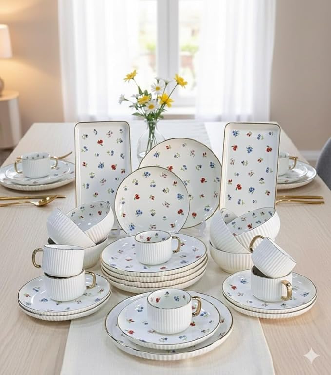 Premium Porcelain Dinnerware Set - 32 Pieces Set with Gold Rim Plates Bowls and Cups – Service for 6 (Floral)
