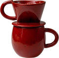 Asayu Japan Ceramic Coffee Pour Over Maker Set in Chrome Red Slow Brewing Paper Filter Holder and Dripper with 3 Holes for Coffee and Tea (Complete 2PCS Set)