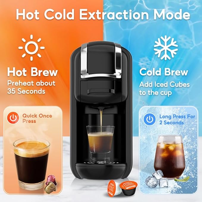 4-in-1 Pods Coffee Maker 19Bar Compact Design Fast Brew Hot/Cold Single Serve Espresso Machine for K Cup PodsNes Original/DG Capsule and Ground Coffee at Home or Office (Black)
