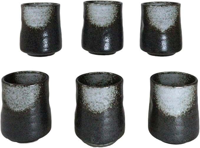Ebros Gift Artistic Charcoal Grey Tone Hakumu Porcelain Ceramic Collection Dinnerware Serveware Kitchenware Set Asian Japanese Restaurant Supply (Pack Of 6 Yunomi Reactive Glaze Tea Cups 9oz)