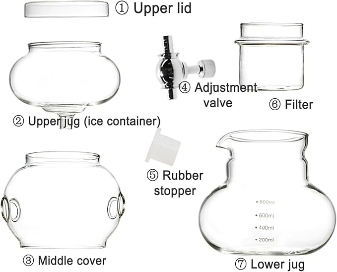 Iced Dripper Coffee Maker Cold Brew Coffee Maker Smooth Slow Cold Drip with Stainless Steel Adjustable Dripper 800ml Glass Pot Makes 4-6 Cups for Home Office