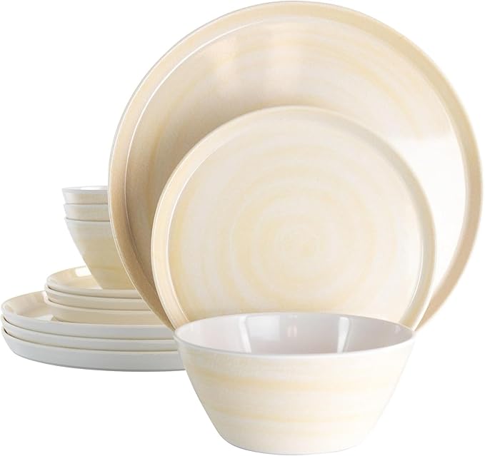 12 Piece Cream Melamine Dinnerware Set – Lightweight Shatterproof Plates and Bowls with Crackle Design – Modern Minimalist Outdoor Indoor Dish Set Dishwasher Safe