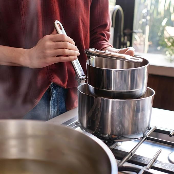 Joseph Joseph Space Steel 8-Piece Stainless Steel Sauce Pan Set with Lids Nesting with Folding Handles Induction &amp Oven Safe