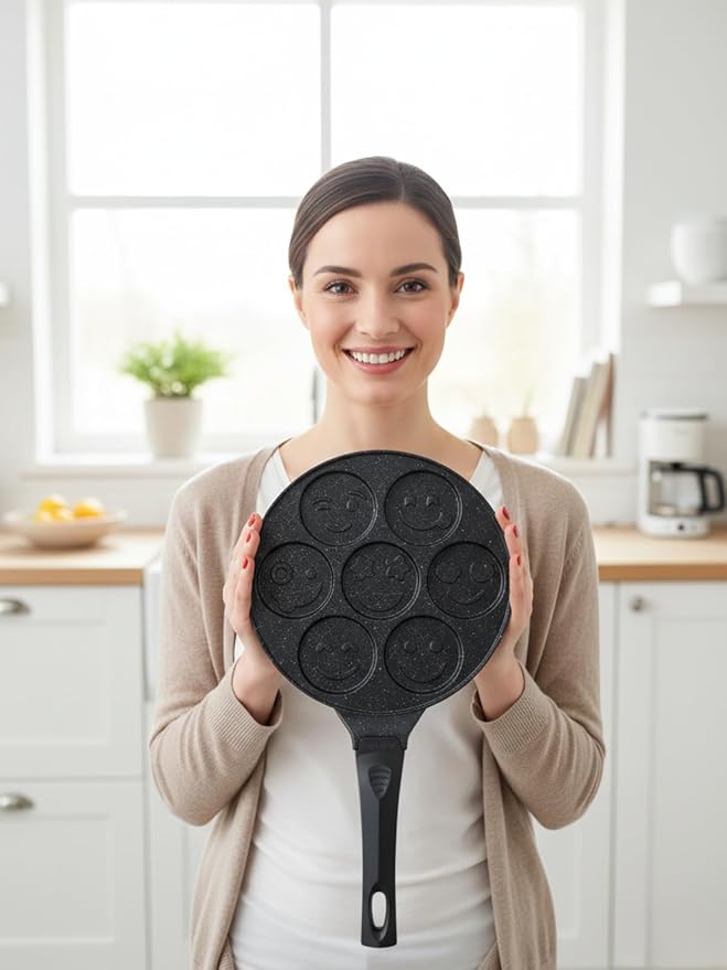 7-Piece Nonstick Granite Cast Iron Emoji Waffle and Pancake Pan Set