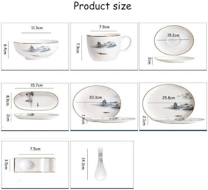 Pottery Tableware8 Pieces Landscape Painting Porcelain Dinnerware Set Ceramic Plate Combination Sets Dinner Plate Dessert Plate Bowl and Mug